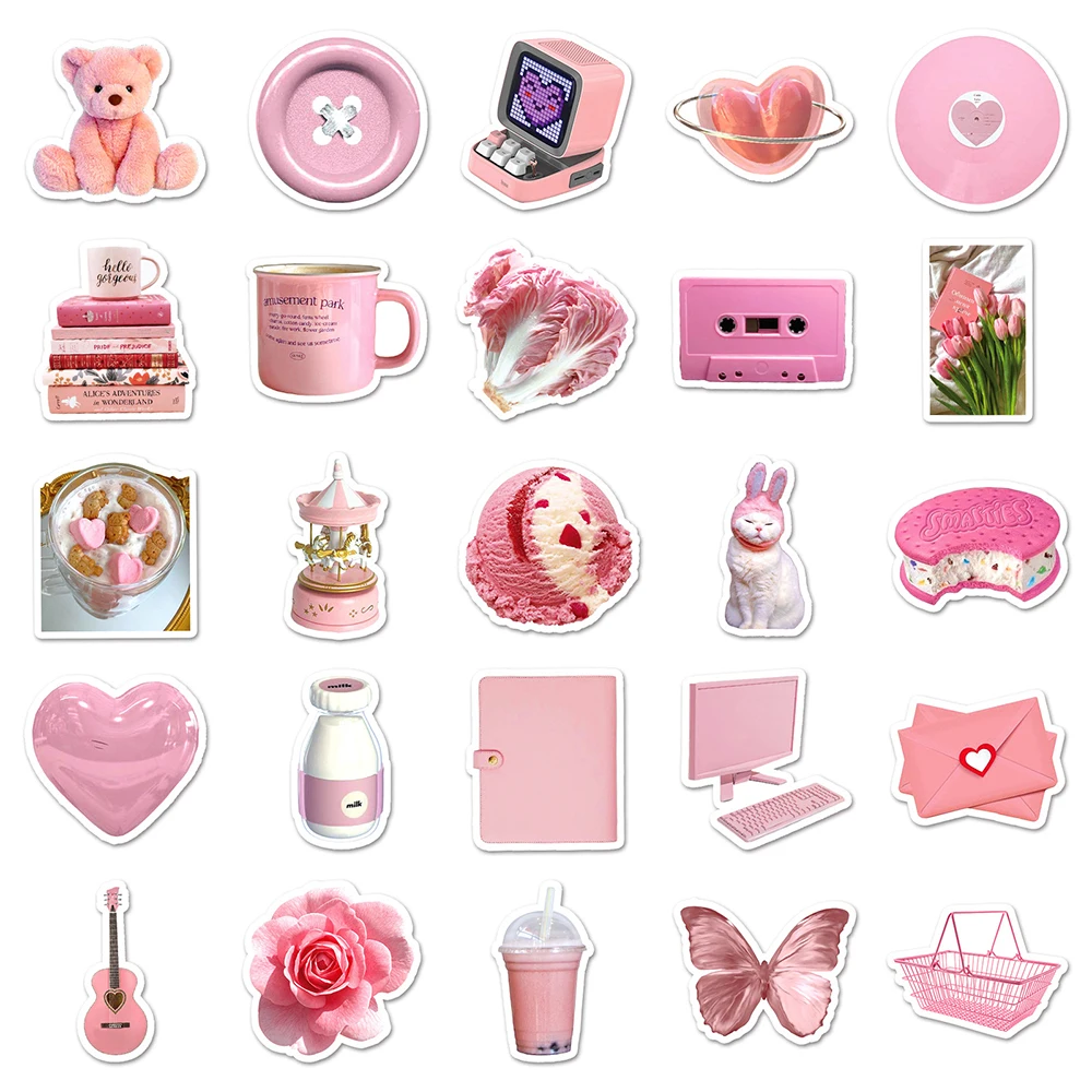 10/30/50pcs Cute Pink Stickers Ins Style Cartoon Decals Toys For Kids DIY Scrapbook Motorcycle Phone Fridge Guitar Bike Sticker