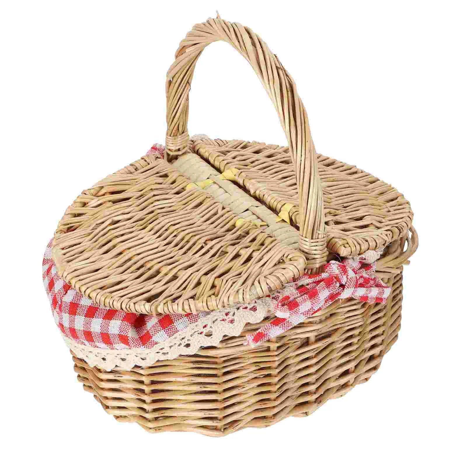 

Outdoor Picnic Basket 26x18x15cm Woven Rattan Storage Tray Red Check Fabric Home Decor Garden Flower Bread Snack