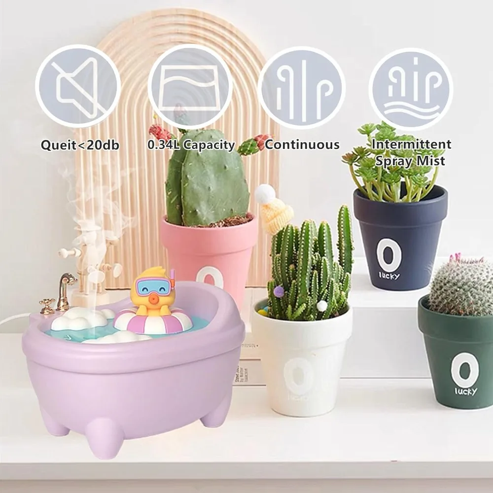 Cute Bathtub Humidifier 340ml USB Diffuser 7 Color Night Light 2 Mist Modes Portable for Home Office Bedroom Car Gift