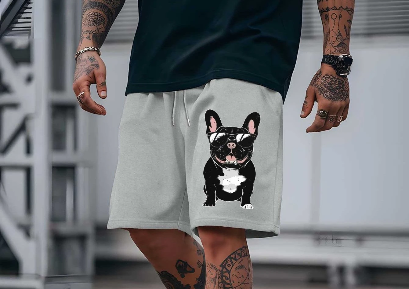 

Men's Casual Summer Shorts with Cute French Bulldog Print Light Gray, Comfortable Stretch Fabric Stretch Shorts