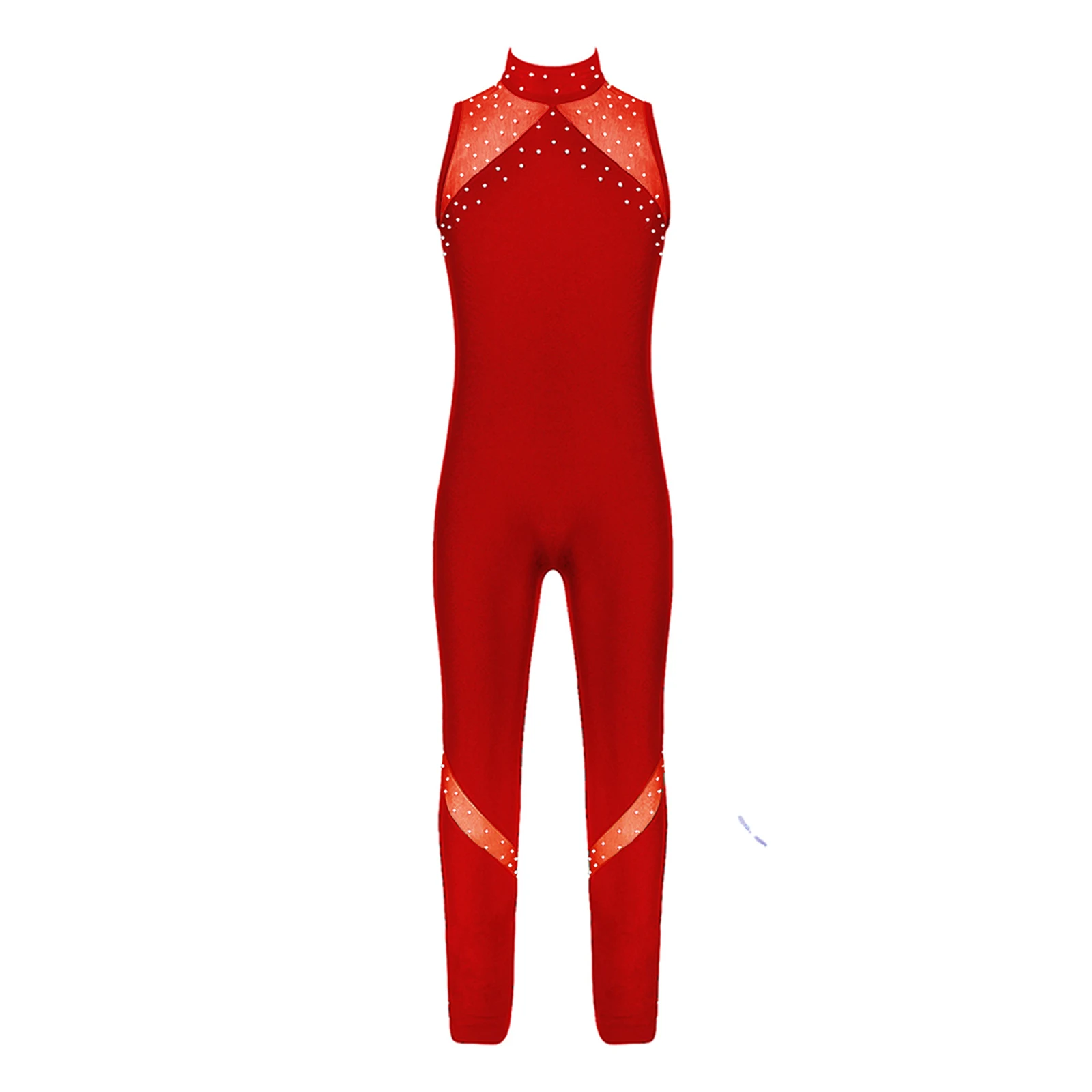 Kids Girls Gymnastics Leotards Open Back Mesh Splice Long Pants Sleeveless Bodysuit Skating Gymnastic Jumpsuit Ballet Leotard