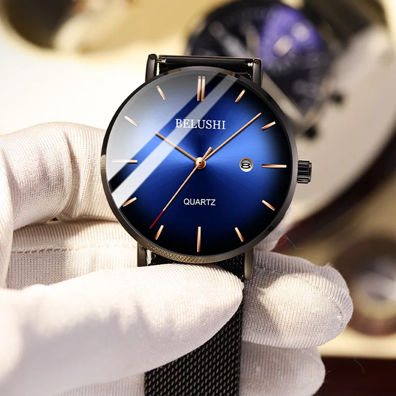 ساعة كوارتز رجالية من BELUSHI باللون الأزرق الفاتح رفيعة للغاية ساعة يد رجالية عصرية صديقة للطلاب مقاومة للماء كوارتز #3