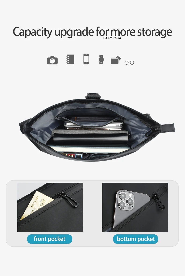 HcanKcan Umhängetasche für Herren, wasserdichte Umhängetasche, passend für 13-Zoll-Laptops, Hüfttasche, große Kapazität, Messenger-Tasche, schwarze Seitentasche – Detail 8