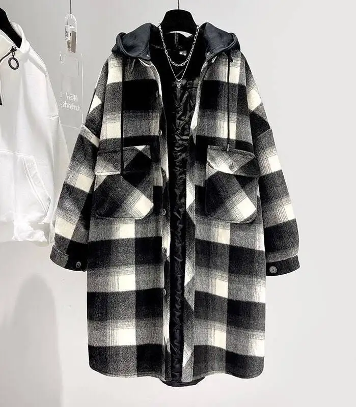 

Wool Blend Coats Womens Woolen Coat Handmade Autumn Polyester Plaid Buttoned Sashes Flared Lantern Sleeve Cropped Double-Layer