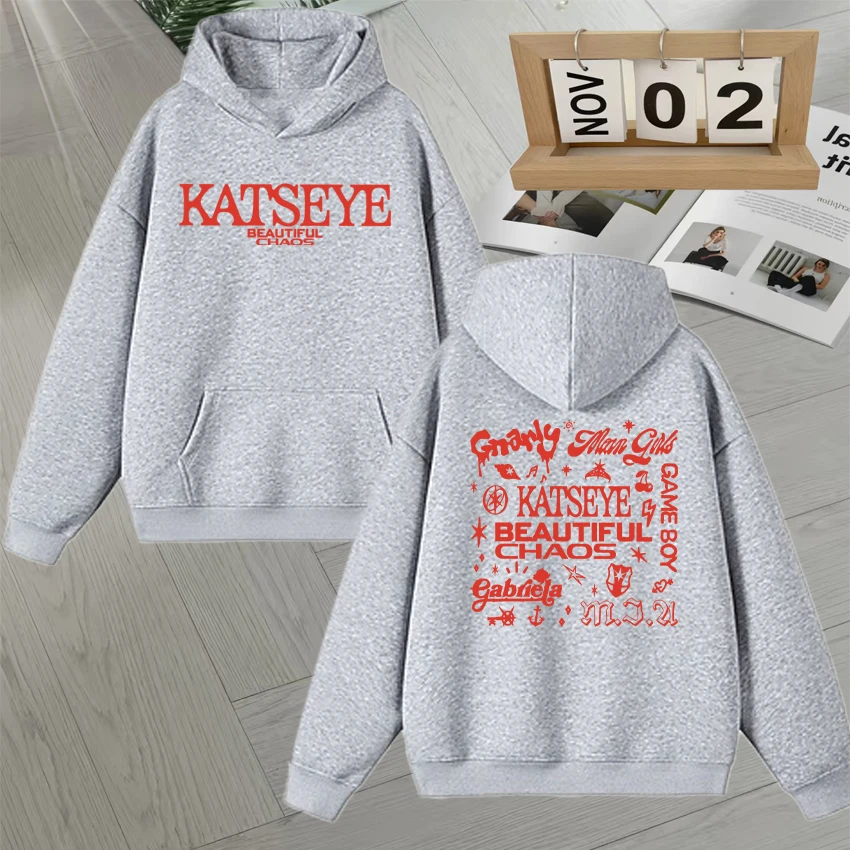 Fashion Retro Katseye Beautiful Chaos Tracklist Double Sided Print Hoodie Long sleeve Men Women Autumn Winter vintage Sweatshirt