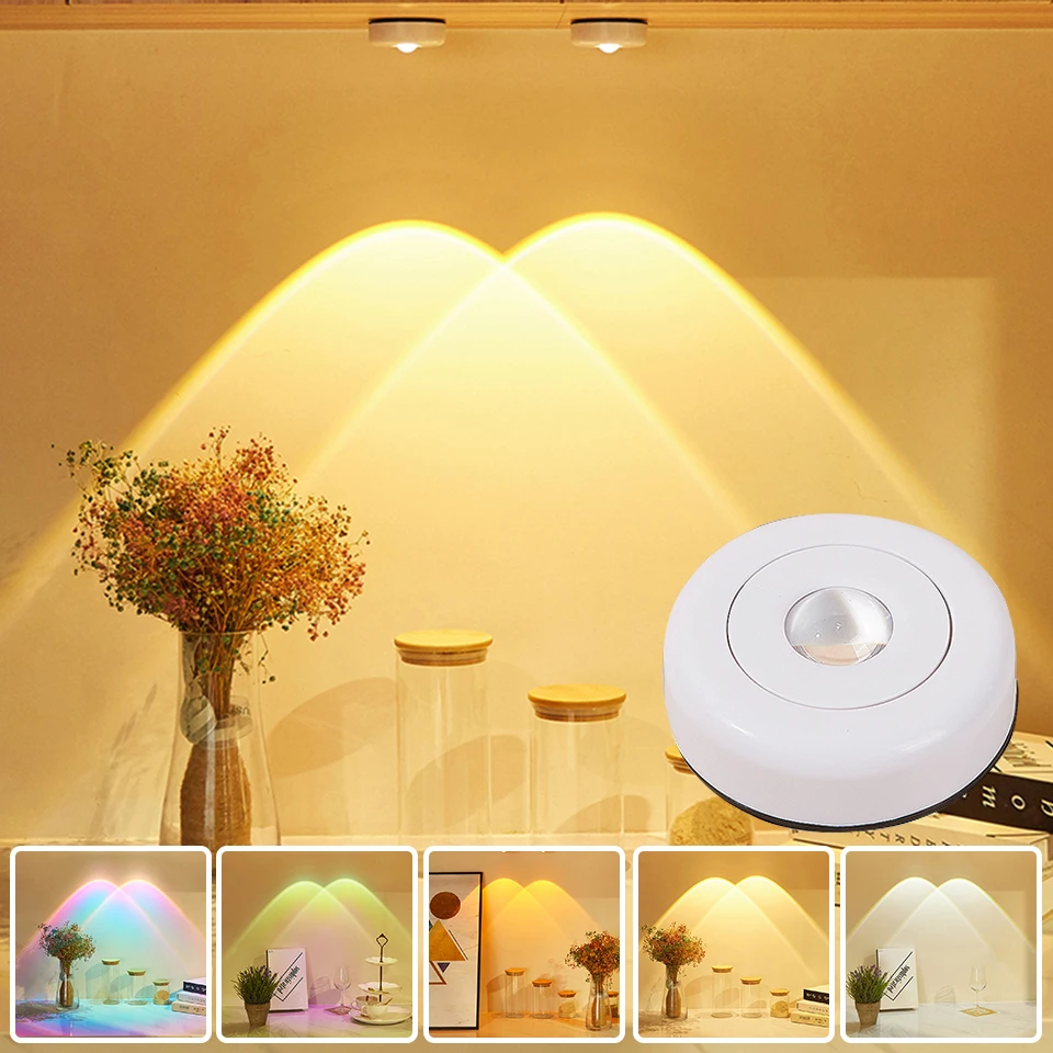 Round Push Button Sunset Lamp AAA Battery Powered Night Light for Cabinet Closet Kitchen Background Wall Display Bedroom Decor