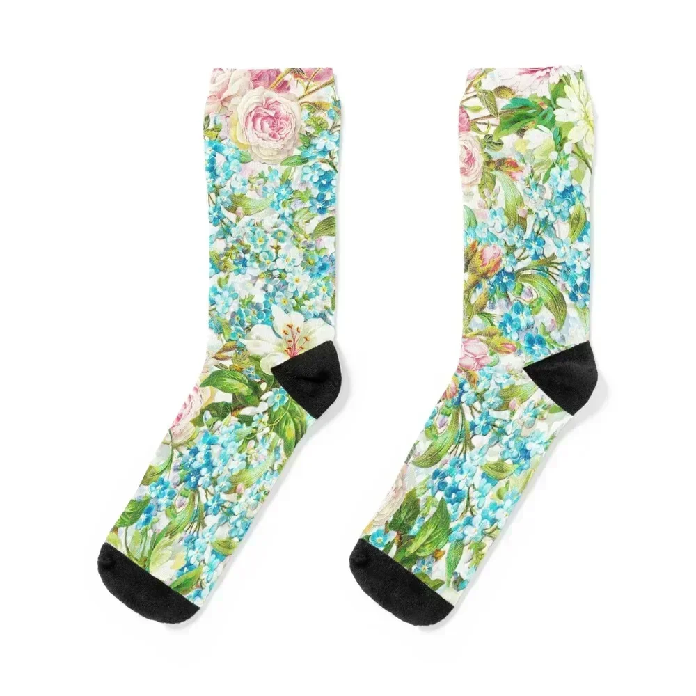 

Pink Roses and Forgetmenot Socks anti slip football golf retro christmass gift Boy Child Socks Women's
