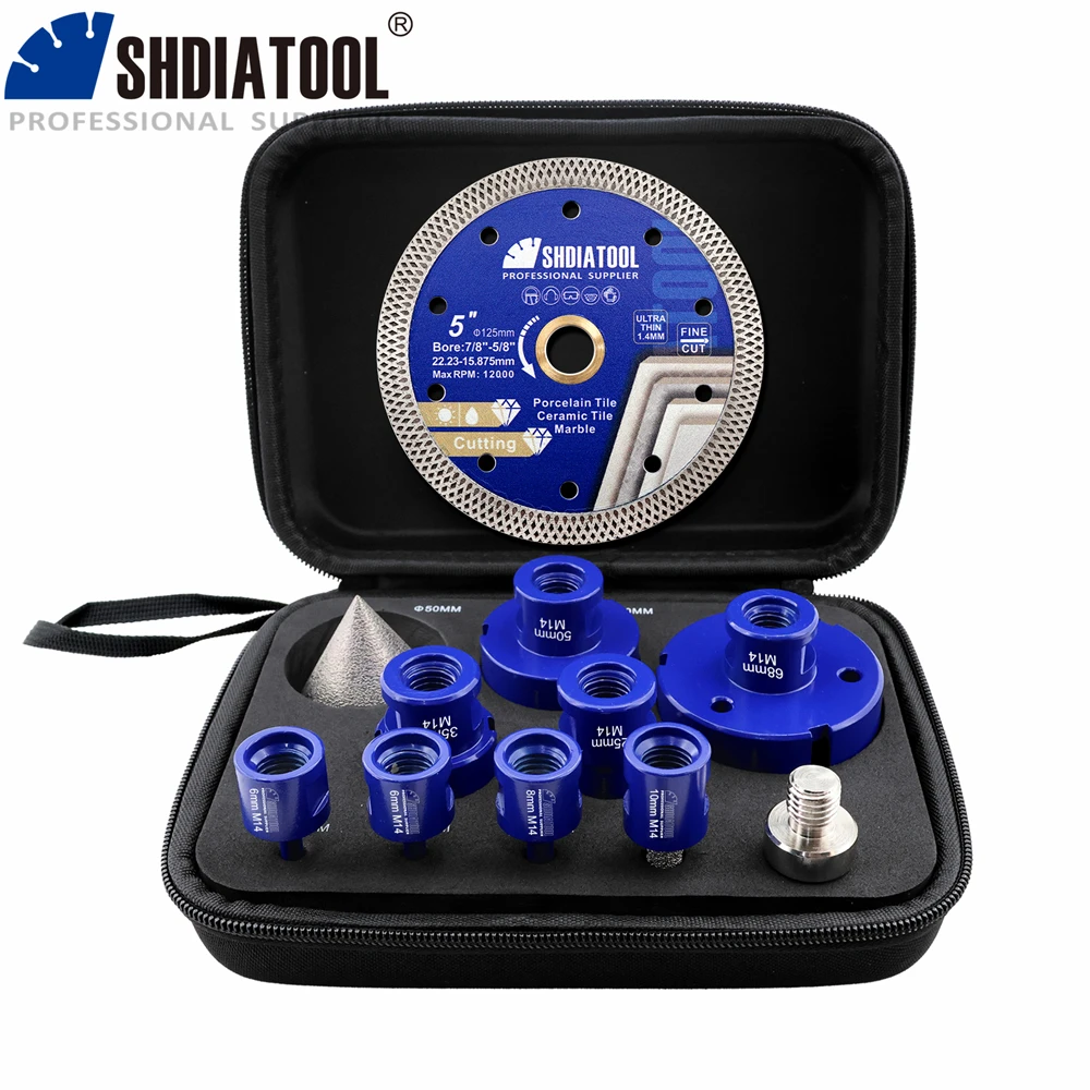 SHDIATOOL 11-teiliges Diamant-Fliesenbohrer-Set Ø6-68mm Lochsäge+10mm Fingerfräser+50mm Fasenfräser+125mm Netzschneidscheibe M14 Werkzeugset – Detail 6