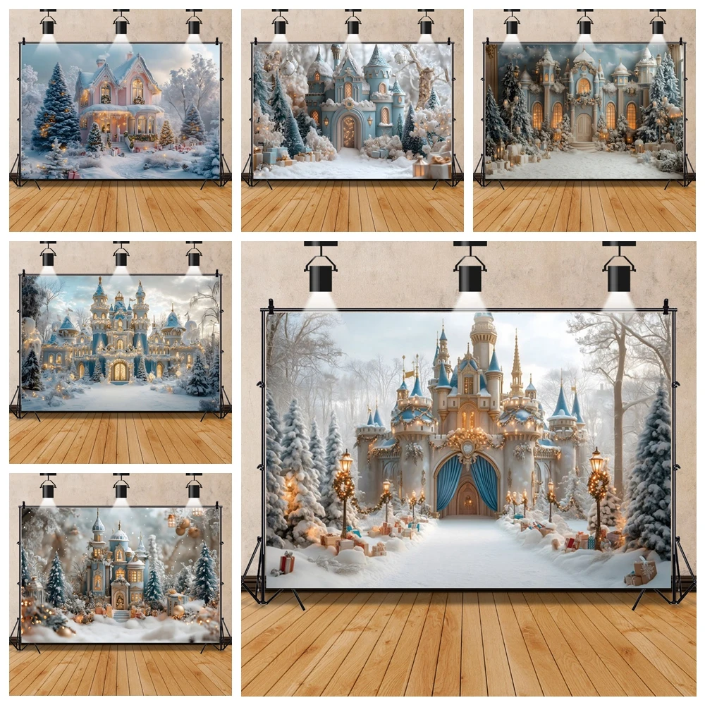 Fondo de Castillo de Palacio de Feliz Navidad, Fondo de fotografía de fiesta familiar del País de las Maravillas congeladas, accesorios de estudio fotográfico de cumpleaños para niña