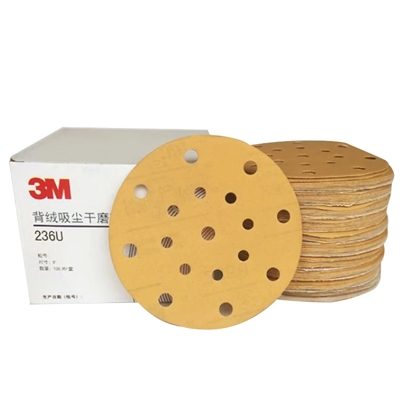 3M 236U 216U 6-inch 150mm 17-Hole  Flocking Dry Sandpaper, Yellow Abrasive For Automotive Paint Hardware Furniture House Sanding