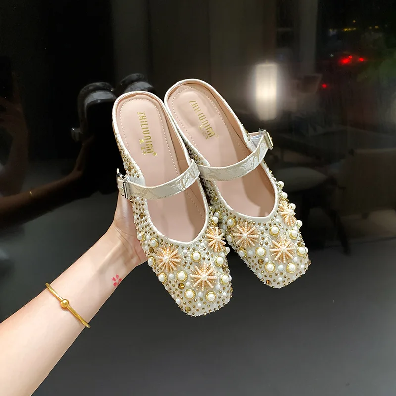 

New Womens Shoes Exquisite Imitation Pearl Mueller Slippers for Woman Fashion Vacation Casual Shoes Designer Shoes Zapatos Mujer