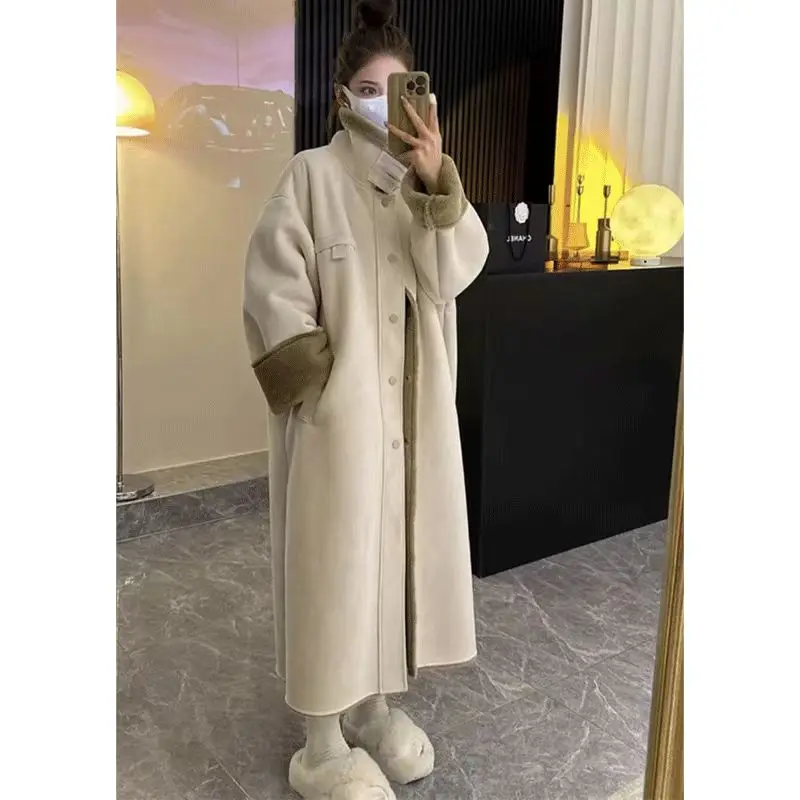 Single Breasted Faux Lamb Fur Coat for Women, O-Neck Long Jacket,Thick Warm Clothes,England Style,Autumn and Winter