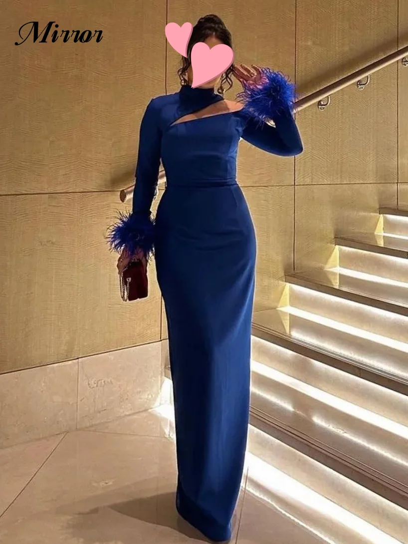 

Mirror Dress Elegant Vintage Sexy Feathers Blue One Shoulder Customized Formal Occasion Prom Dress Evening Party Gowns