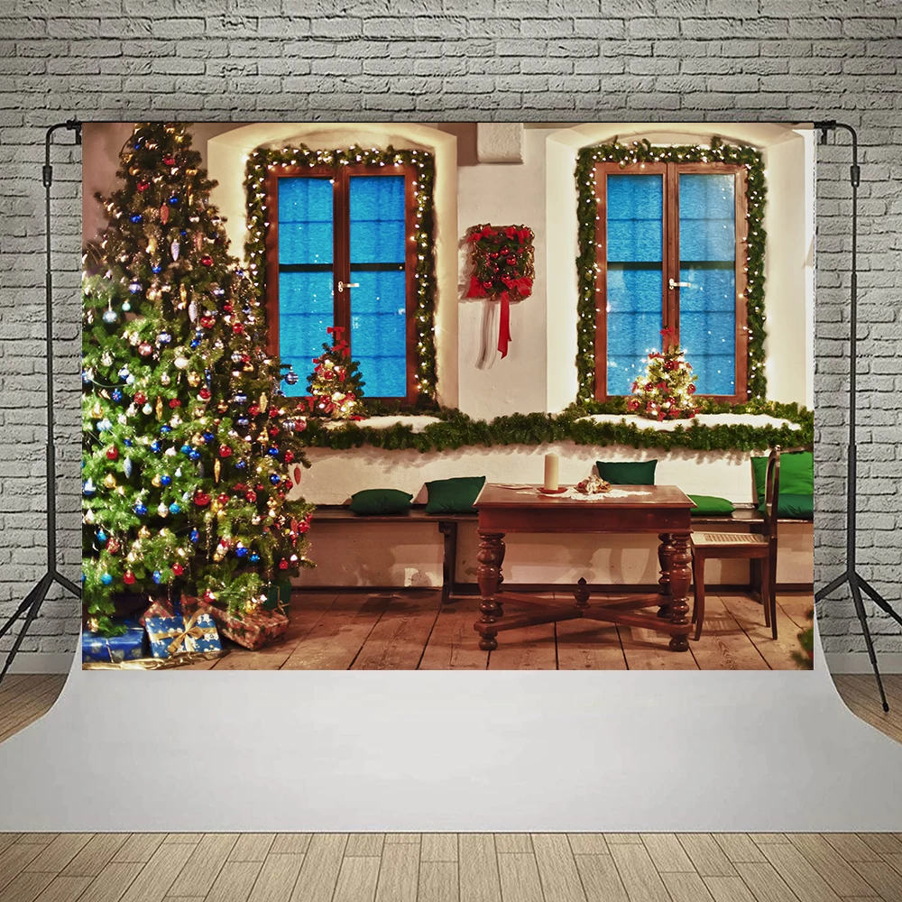 Bonvvie Christmas Photography Backdrop Photocall Window Tree Gift Party Decor Background Portrait Photographic Kids Photo Studio