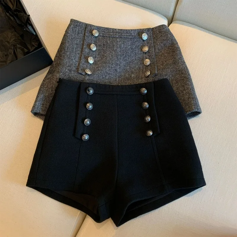 Women Clothing Korean Fashion Vintage High Waist Woolen Short Pants Autumn Winter Elegant Chic with Button Solid Slim Hot Shorts