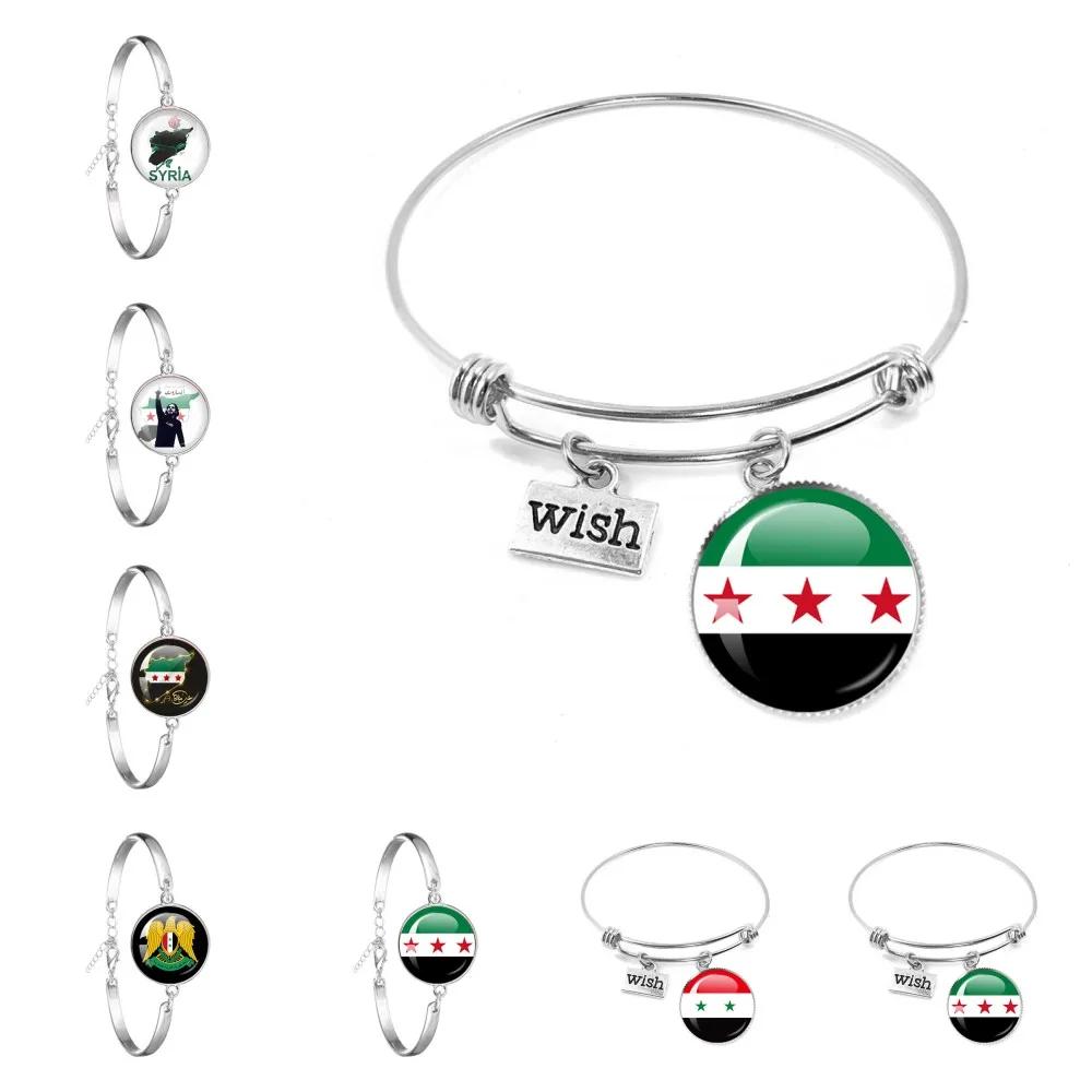 1pcs NEW Syrian National Flag Simple Style Glass Cabochon Alloy Bracelets Wrist Band Bangle for Women Men Jewelry Gift