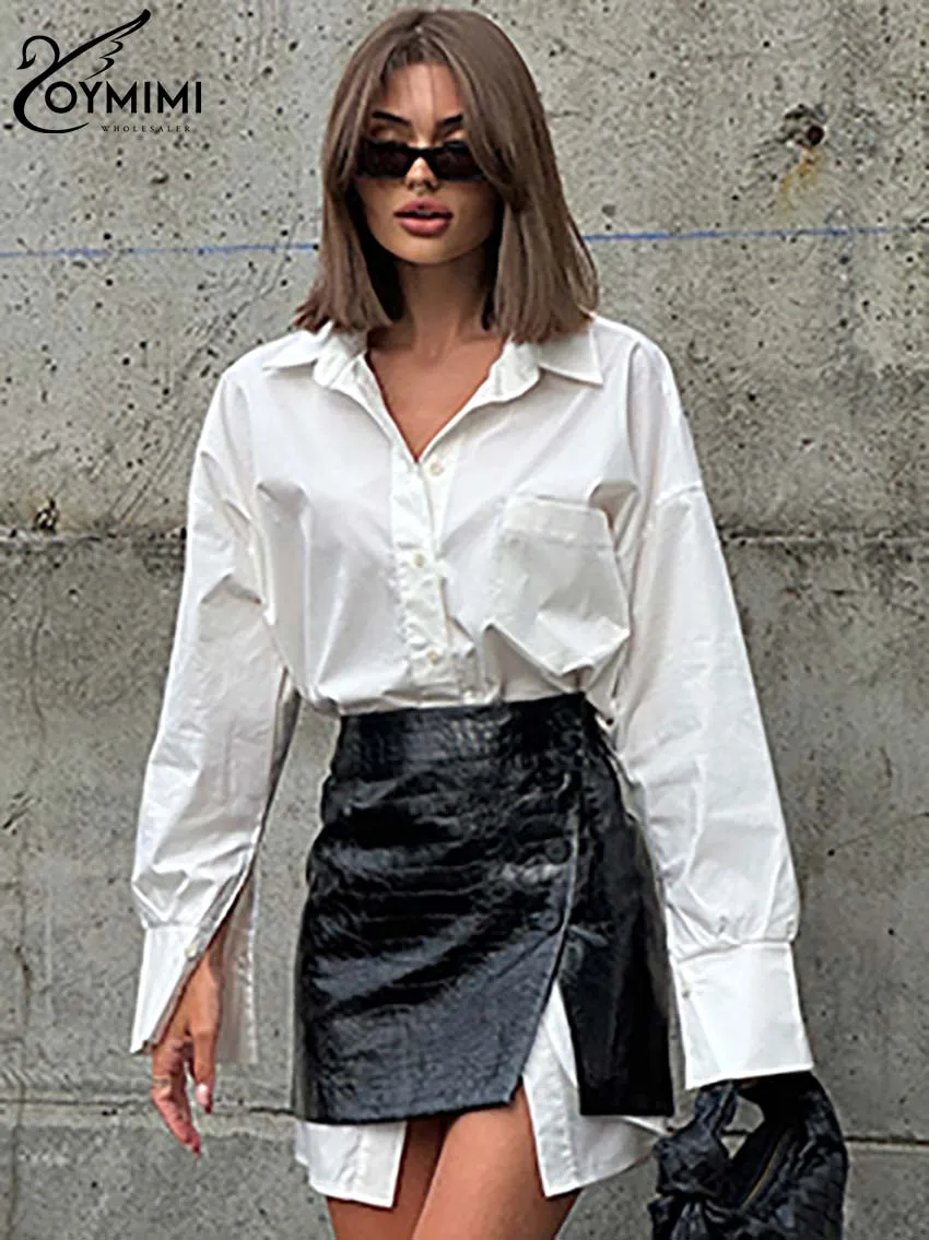 Oymimi Fashion White Two Piece Set For Women Elegant Long Sleeve Pockets Button Shirts And High Waist Leather Mini Skirts Sets