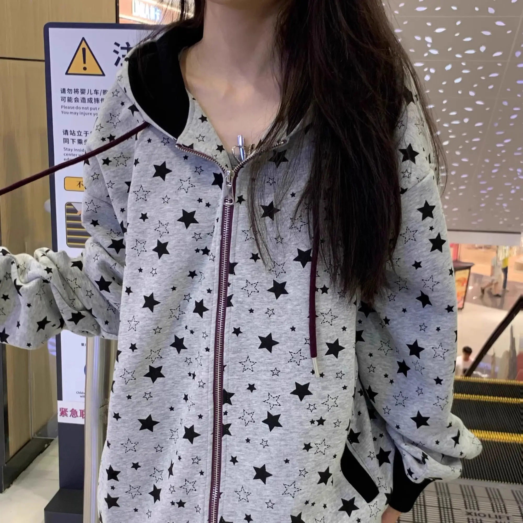 

American-Style Full-Print Star Zipper Hooded Sweatshirt Cardigan Women 2025 Spring Autumn New Loose Casual Design Jacket