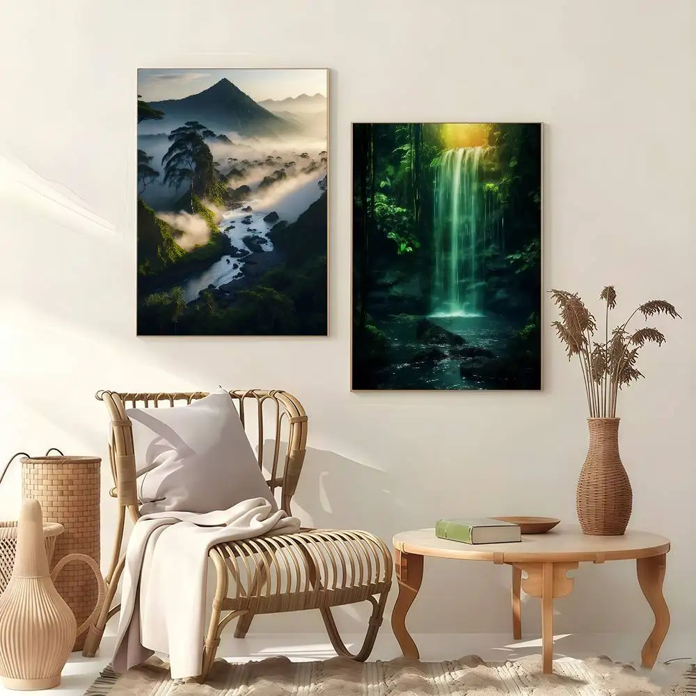 Natural Landscape Spectacular Waterfall Forest Poster Stickers Art Print Retro Vintage Wall Decor HD Living Room Gift Occasion