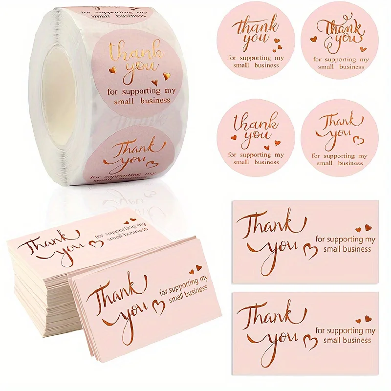 1 rouleau/50 pièces de cartes et autocollants de remerciement pour votre soutien à ma petite entreprise, cartes de remerciement en feuille d'or rose