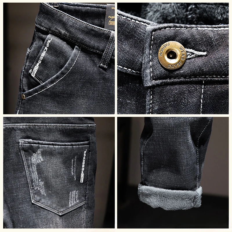 Pantalones vaqueros ajustados de invierno a la moda para hombre, pantalones vaqueros elásticos de lana a la moda para motocicleta urbana, pantalones vaqueros gruesos de Hip Hop