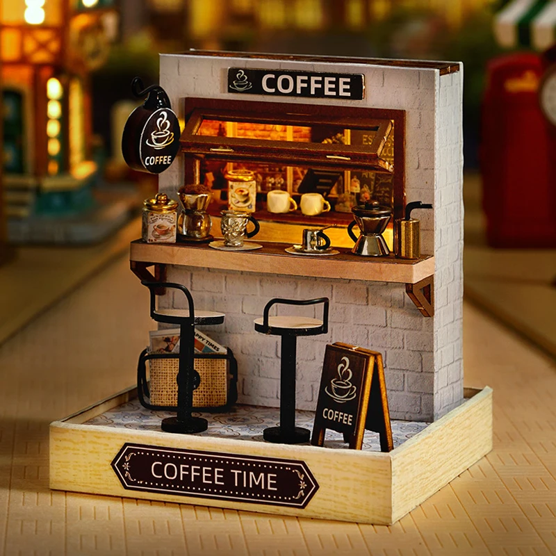 Coffee Shop Wooden Mini Doll House DIY Small House Kit Making And Assembling Room Models Toys For Kid Birthday Gifts Dollhouse