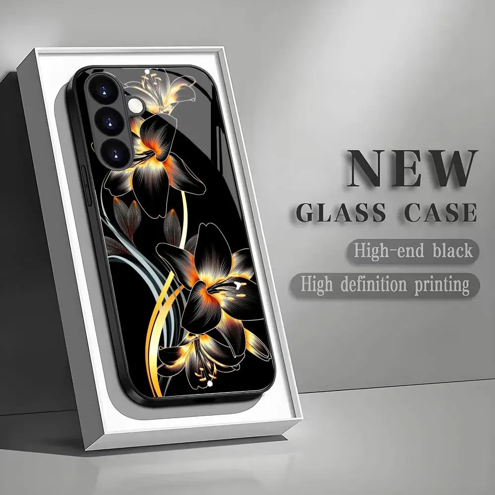 Black floral patterned glass phone case suitable for Samsung Galaxy S26 S25 S24 S23 S22 S20 FE/Ultra/Plus anti drop back cover