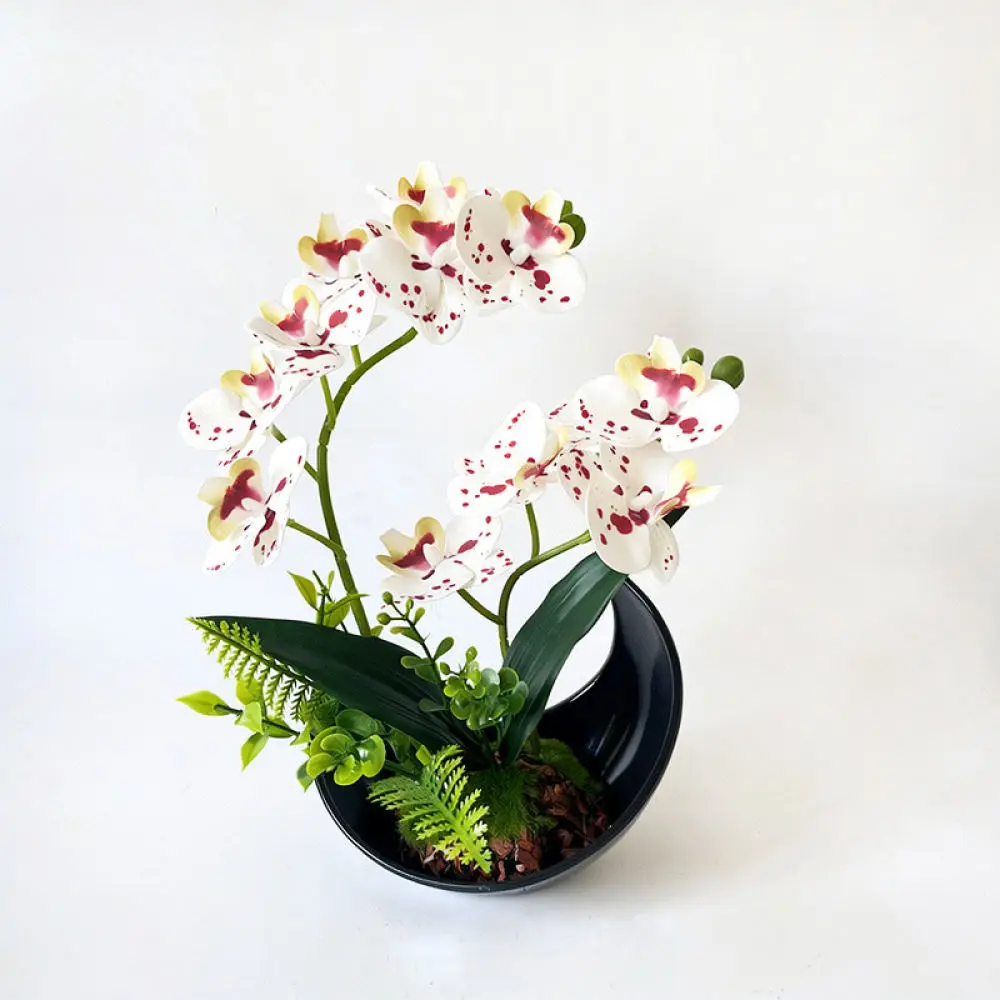 Bonsaï de Phalaenopsis réaliste, arrangement décoratif en plante de soie dans un pot en forme de croissant, pour salon, centre de table de mariage