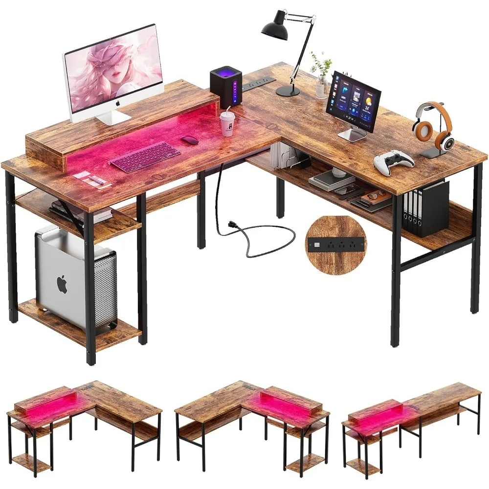 

L Shaped Computer Desk with Magic Power Outlets and Smart LED Light, Sturdy Reversible Corner Desk with Monitor Stand