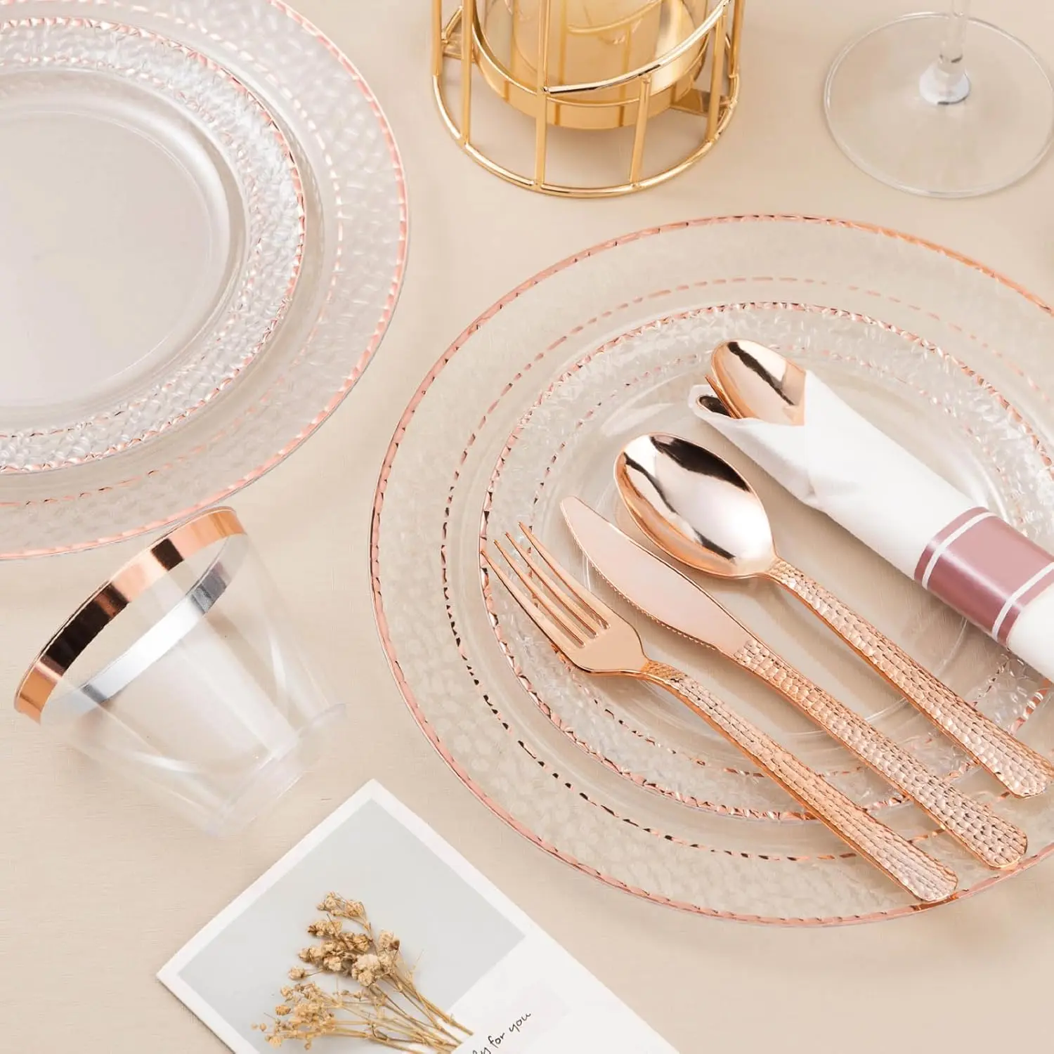 Disposable Dinnerware Set for Party, Includes 50 Plates, 25 Pre Rolled Napkins with Rose Gold Silverware, 25 Cups