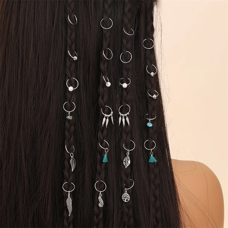 24pcs/set Metal Butterfly & Flower Braid Rings – Punk Hair Cuffs for Dreadlocks, Edgy Street Accessory.