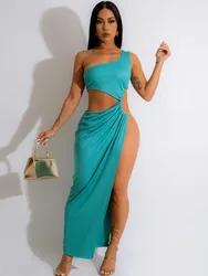 Sexy Metal Ring Hollow Out Long Party Dresses Women Clothing One Shoulder Skew Collar High Split Night Club Maxi Dress Vestidos