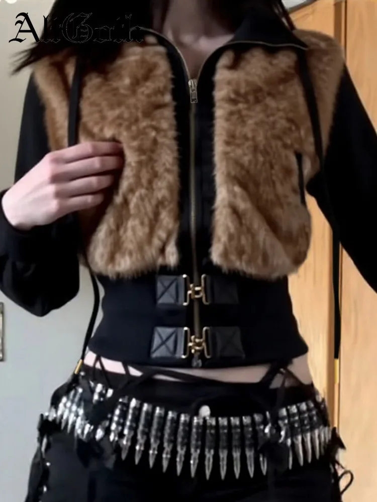 

AltGoth Gothic Y2k Warm Jacket Women Vintage Streetwear Harajuku Grunge Emo Alternative Fur Patchwork Long Sleeve Coats Female