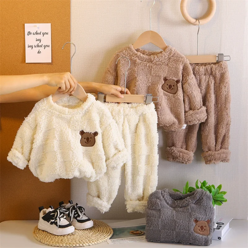 Children's Pyjama Sets Girls Fleece Suit Boys Thickened Top Pants 2Pcs Winter Warm Cartoon Outfits Autumn Baby Casual Sleepwear