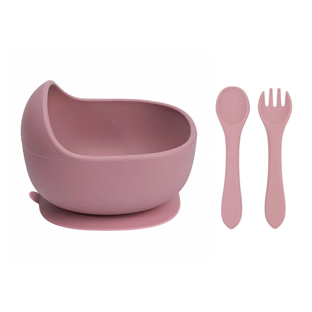 

3pcs Silicone Baby Feeding Bowl Set Solid Color Waterproof Kids Feeding Bowl with Training Spoon Fork Infant Tableware Set