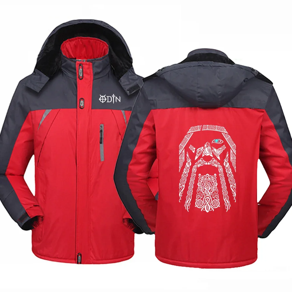 2024 Autumn Winter Men's Vikings Odin Warrior Legend Logo Printed Thickened Warm Outdoor Detachable Hooded Zip Windbreaker Coats