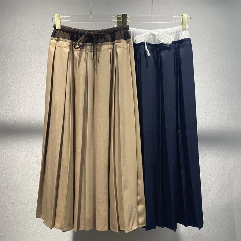 Niche 2024 autumn and winter new retro color contrast double waist head mid-length pleated skirt high-waist slimming skirt