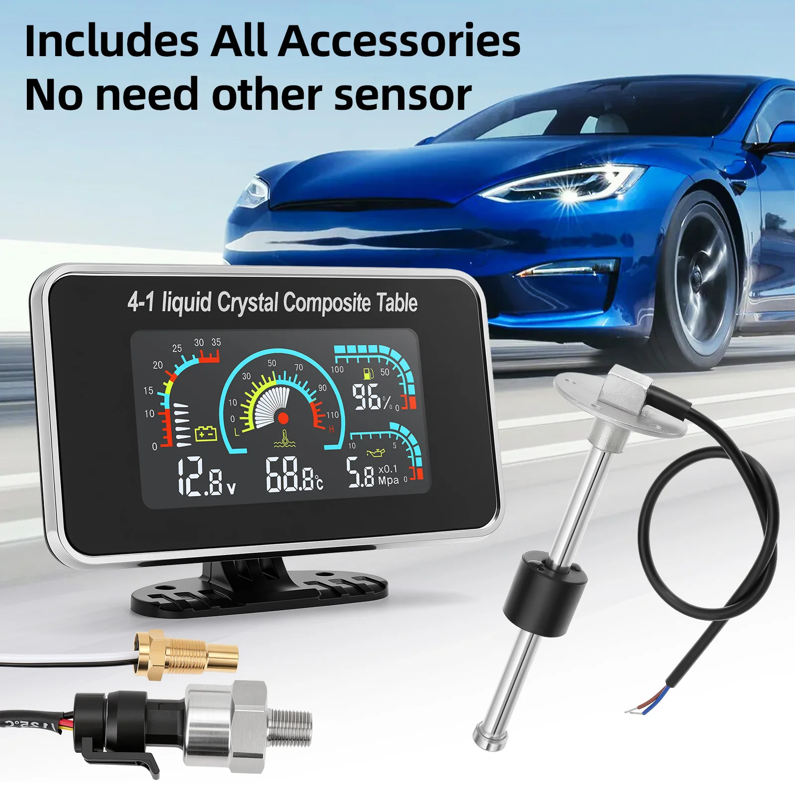 4-in-1-LCD-Auto, digital, Wassertemperatur, Öldruck, Voltmeter, Volt, Kraftstoffanzeige, Alarmanzeige mit 100–575 mm Sensor – Detail 13