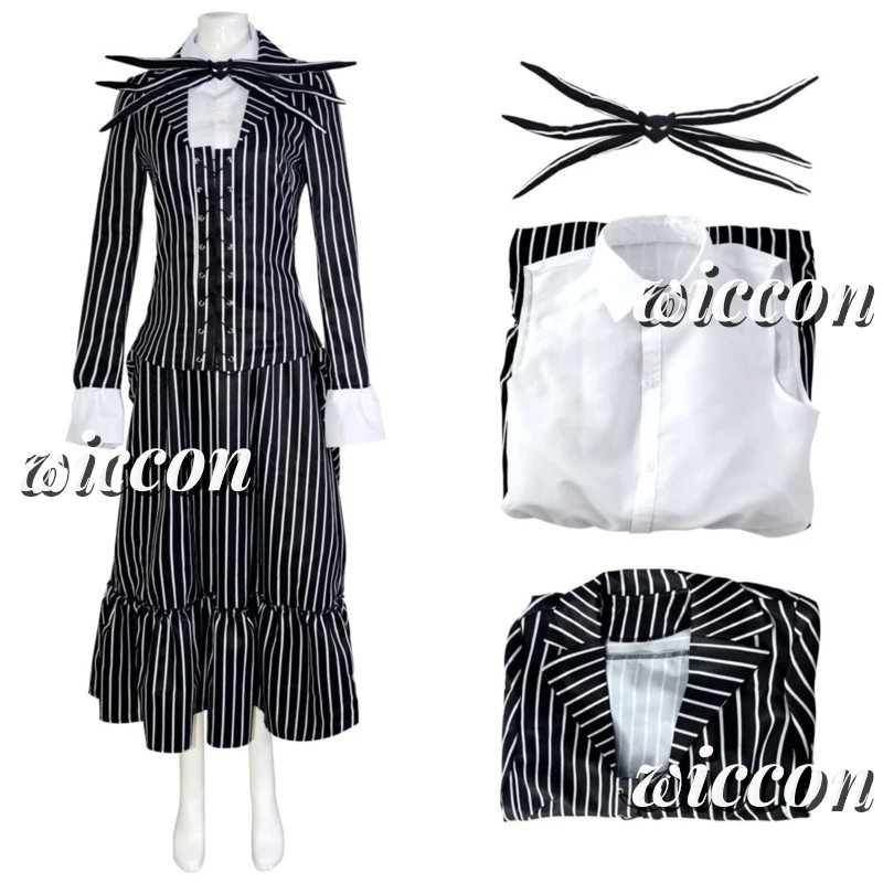 Jack Cosplay Kostuum Film Skellington Cosplay Voor Vrouwen Mannen Gestreepte Top Broek Outfit Halloween Party Uniform