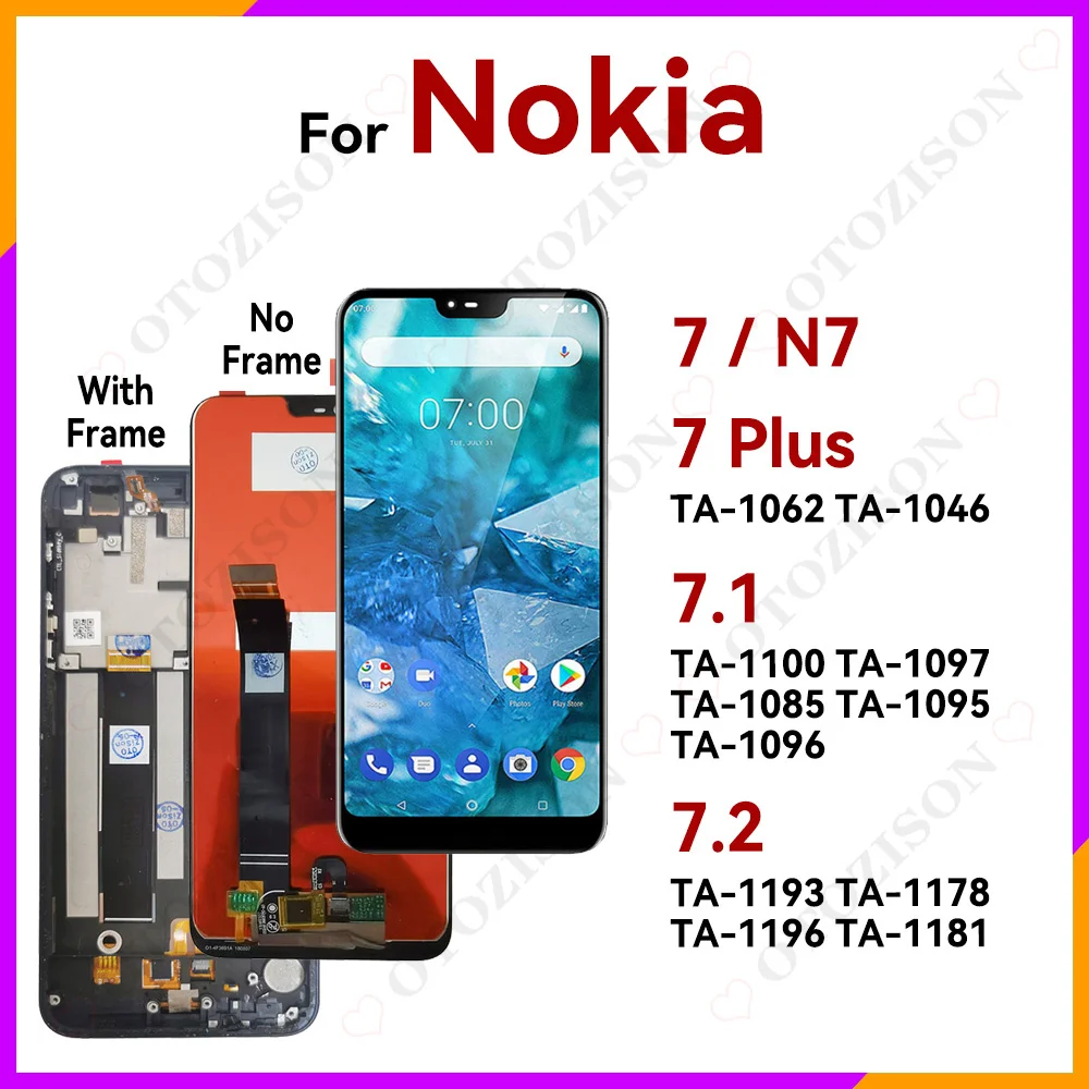 Pantalla LCD con marco para móvil, montaje de digitalizador táctil para Nokia 7.2 TA-1193 TA-1178 TA-1196 TA-1181 / 7.1 TA-1100 TA-1097 TA-1085 TA-1095 TA-1096 / 7 Plus TA-1062 TA-1046 / 7 N7