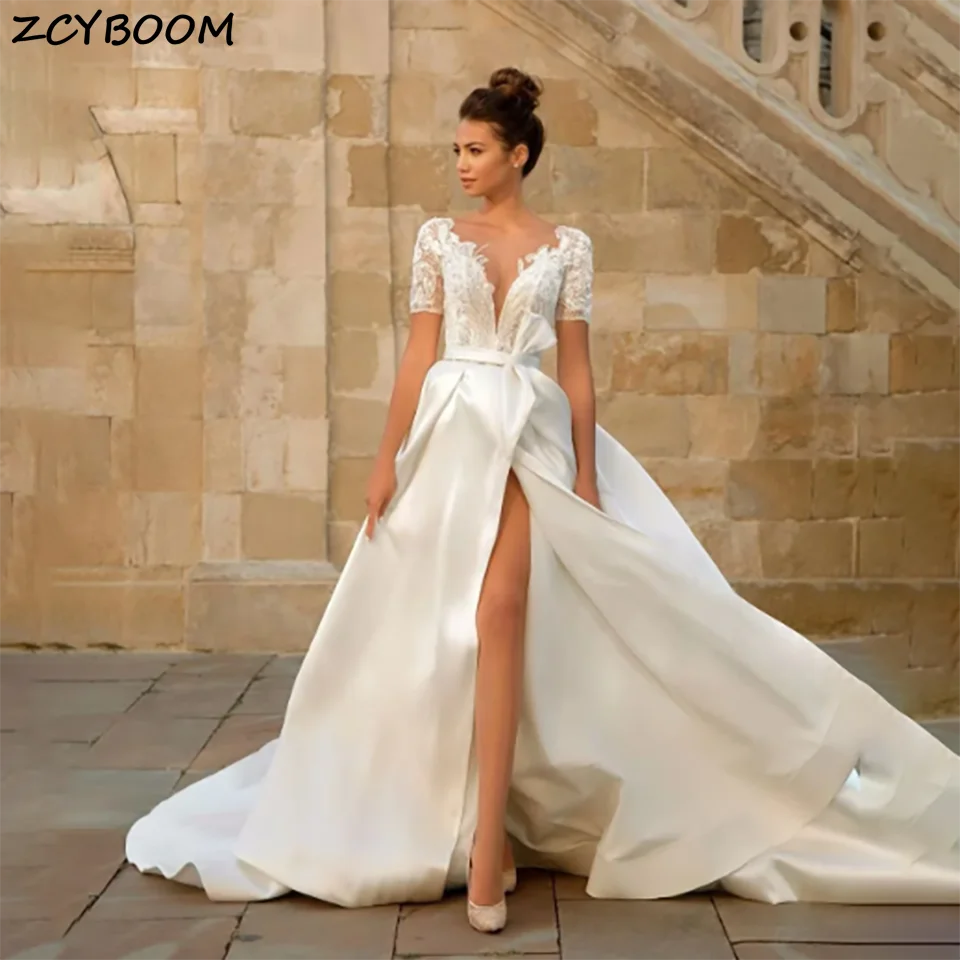 

Customized Sweetheart Lace High Slit Bow Soft Satin A Line Wedding Dresses 2025 Buttons Sweep Train Tulle Bridal Gowns For Women