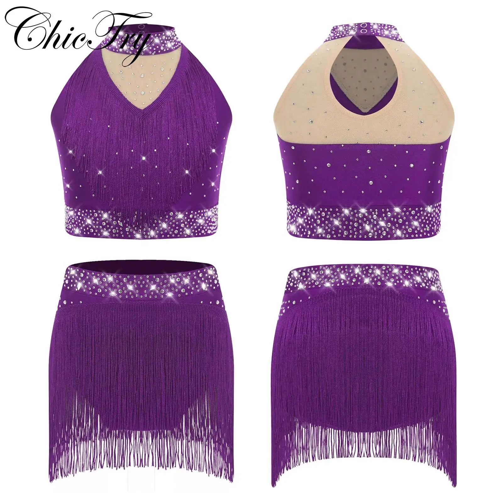 

Kids Girls Latin Jazz Dance Sets Sequins Ballet Dance Outfits Sequins Fringe Stage Performance Lyrical Performance Dancewear