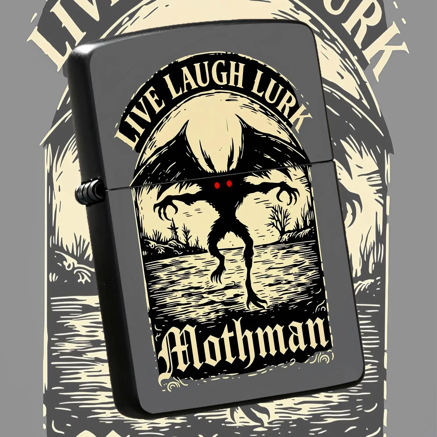 Retro Woodcut Mothman Pattern Lighter, Funny Live Laugh Lurk Slogan Design, Portable Stylish Accessory For Outdoor Camping Hiking, Unique Creative Gift For Cryptid Enthusiasts, Daily Use Versatile Compact Pocket Gadget F A Humorou And Inter
