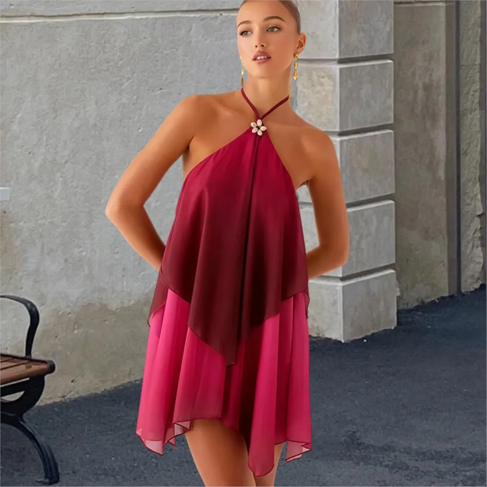 

Summer Halter Neck Sexy Dress Loose Casual Personality Gradient Holiday Style Sleeveless Mesh Pullover Irregular Short Dresses