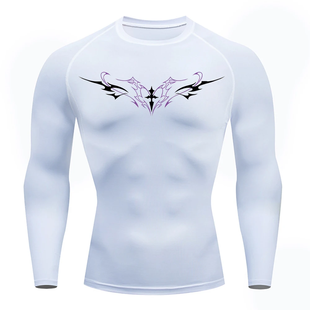 Men's Gothic Cross Wings Print Compression T-Shirt Elastic Quick Drying Long Sleeve Sports Fitness Training Running Base Shirt