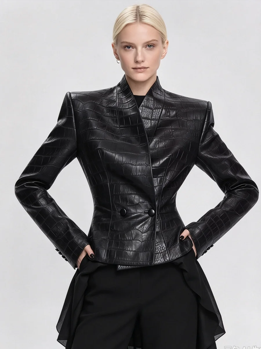 LIMO 2026 Autumn Women Black Faux Leather Jacket Croc Pattern Stand Collar Double Breasted Blazer