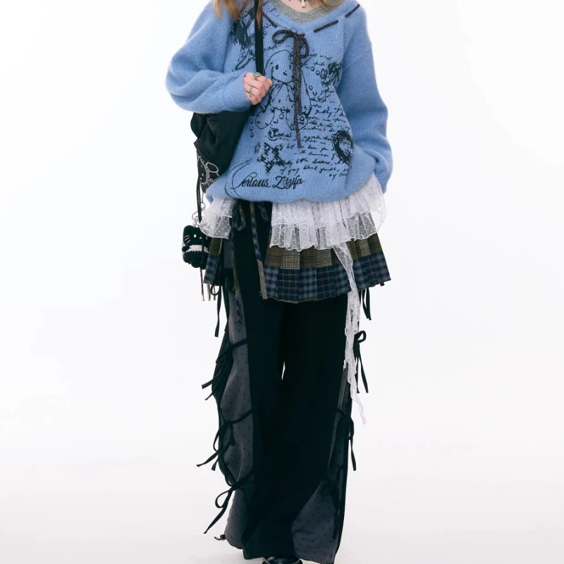 2026 Spring New Sweet Cool Black Women's Trousers Retro Design Cute Bow Polka Dot Splicing Y2k Loose Casual Long Pants Ladies