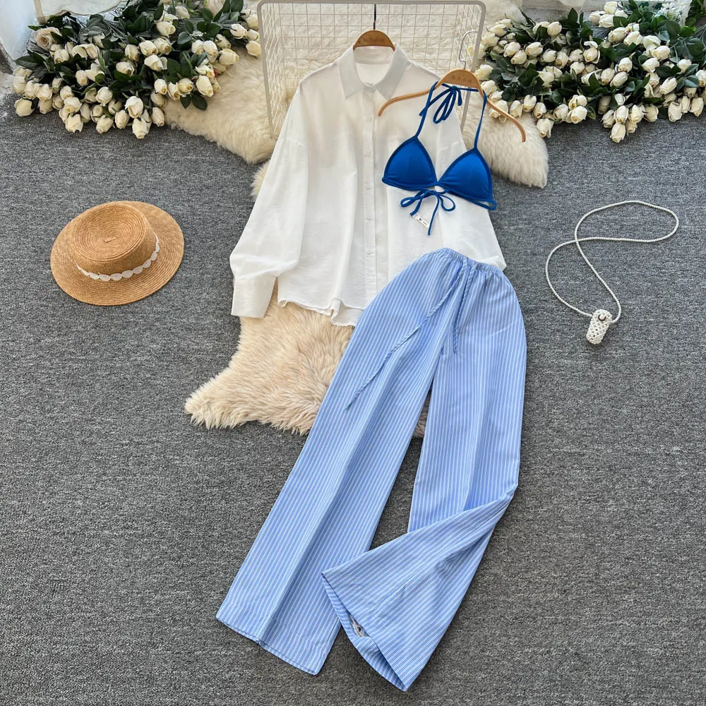 

Three Pieces Women Pant Sets Solid Matching Set Long Sleeves Shirt Strapless Drawstring Wide Leg Pants Loose Casual 2026 Spring