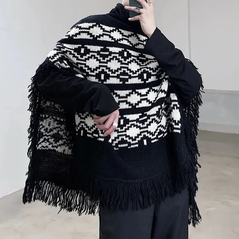 Mens Personalized Turtleneck Tassel Shawl Sweater Genderless Dark Style Geometric Pattern Jacquard Trendy Loose Cloak Unisex