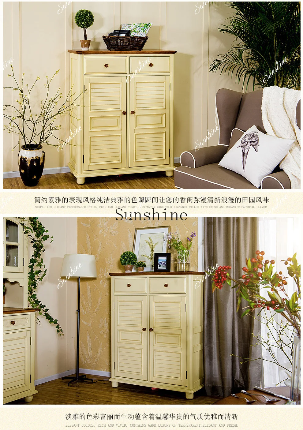 

American country furniture Mediterranean style multi-functional chest cabinet living room dining side solid wood shoe cabinet FT